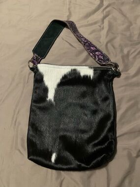 Holy Cow Couture, Black and White Haircalf Shoulder Bag with Purple Strap
